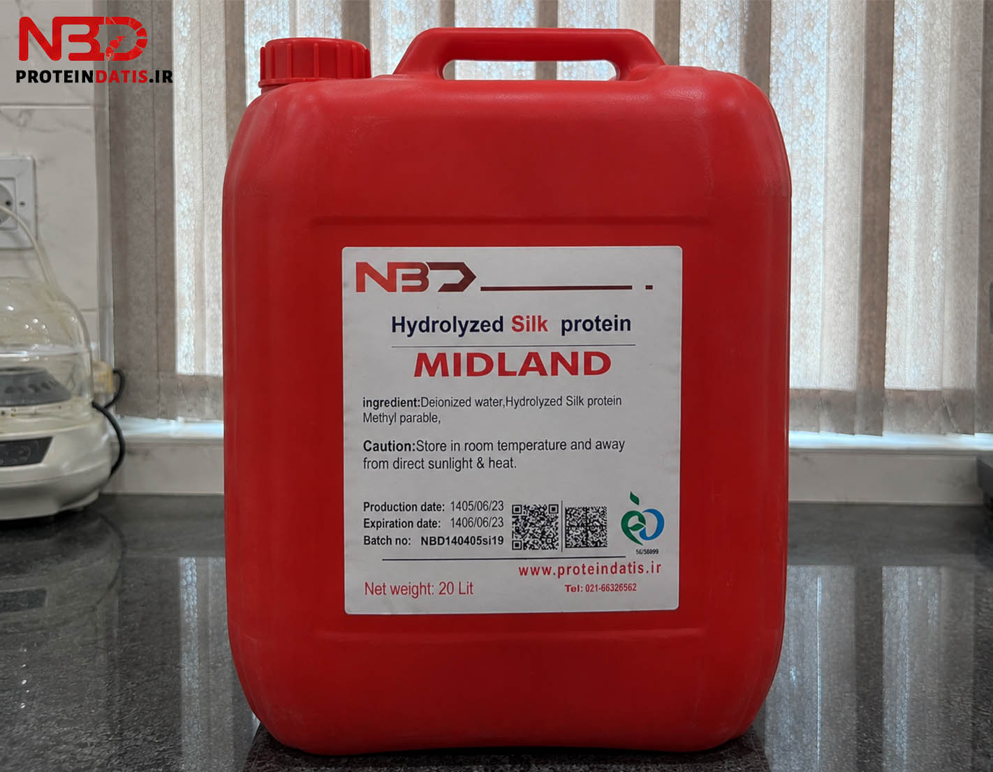 گالن قرمز ۲۰ لیتری پروتئین هیدرولیز شده ابریشم (Hydrolyzed Silk Protein) برند MIDLAND با برچسب مشخصات