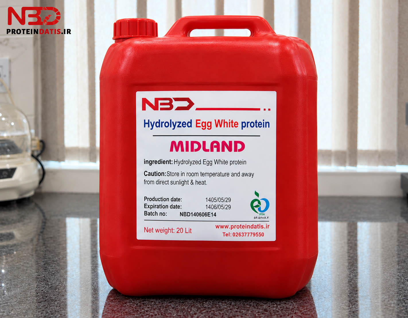 گالن قرمز ۲۰ لیتری پروتئین هیدرولیز شده سفیده تخم‌مرغ (Hydrolyzed Egg White Protein) برند MIDLAND با برچسب مشخصات