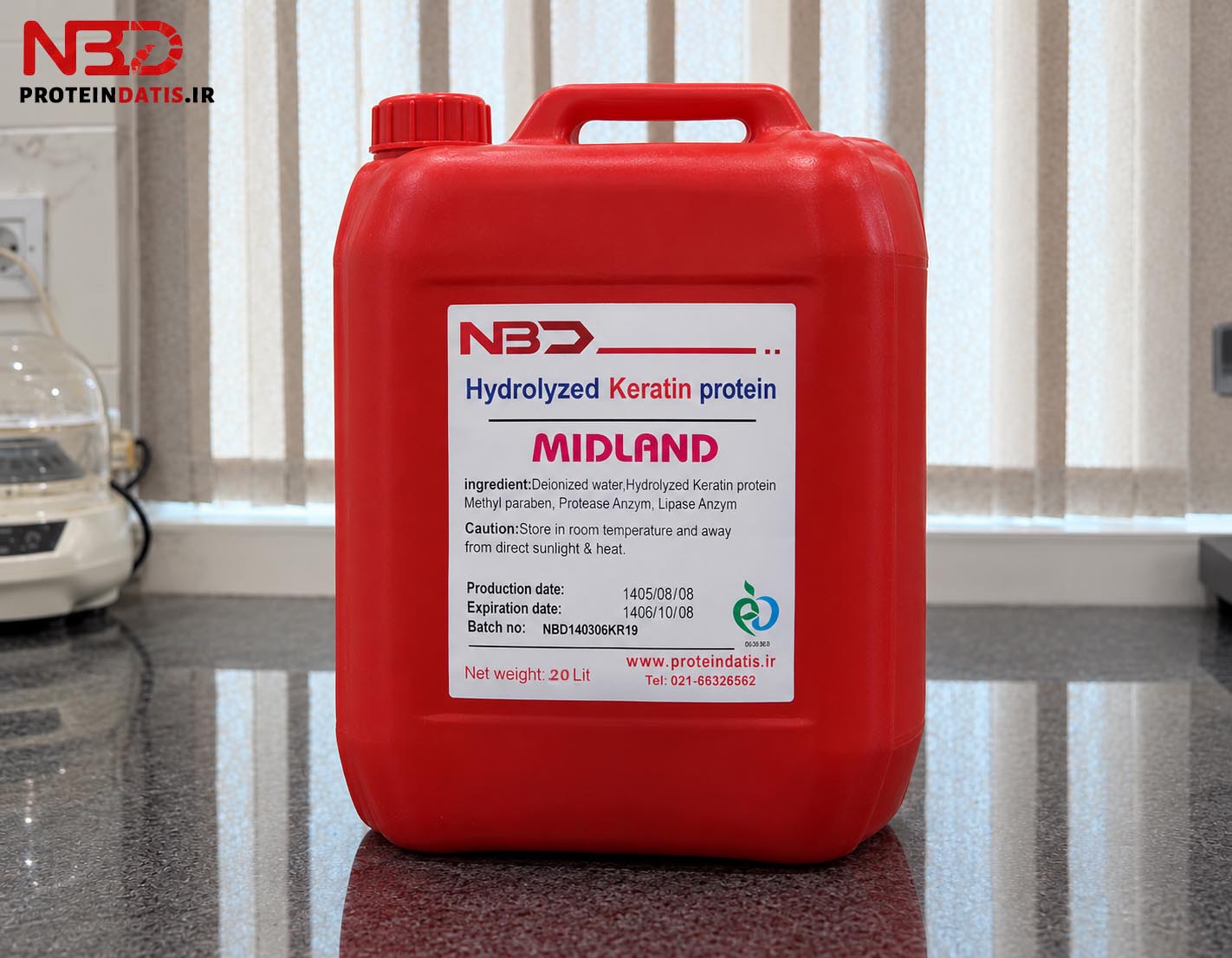 گالن قرمز 20 لیتری پروتئین هیدرولیز شده کراتین (Hydrolyzed Keratin Protein) برند MIDLAND با برچسب مشخصات