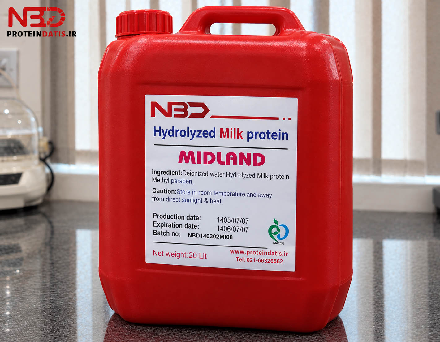 گالن قرمز ۲۰ لیتری پروتئین هیدرولیز شده شیر (Hydrolyzed Milk Protein) برند MIDLAND با برچسب مشخصات