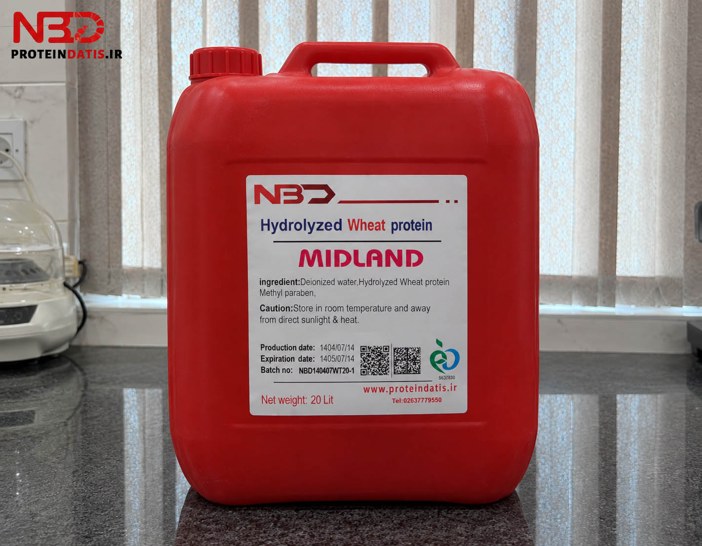 گالن قرمز ۲۰ لیتری پروتئین هیدرولیز شده گندم (Hydrolyzed Wheat Protein) برند MIDLAND با برچسب مشخصات