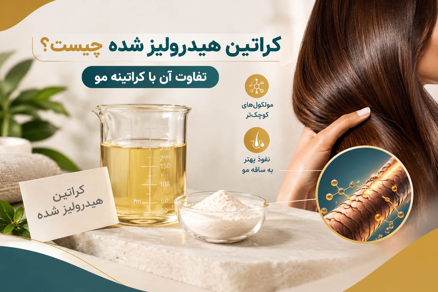 کراتین هیدرولیز شده بهصورت مایع و پودر در کنار موی صاف و براق